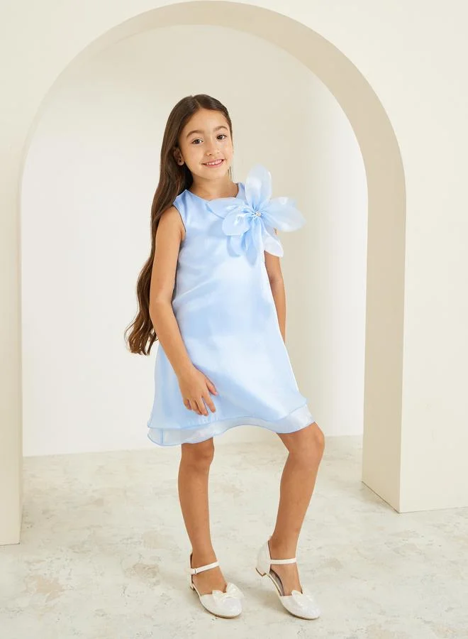 Styli Girls Light Blue Sleeveless Dress with Flower Detail